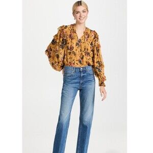 Ulla Johnson Miray Blouse Mustard Floral Print Size 8 Long Sleeve Top 100% Silk